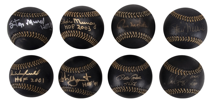 Lot of (8) 3,000 Hit Club Members Signed Black OML Baseballs Including Musial, Murray, Molitor, Rose, Winfield, Yount and Boggs (JSA, TRISTAR, PSA/DNA) 